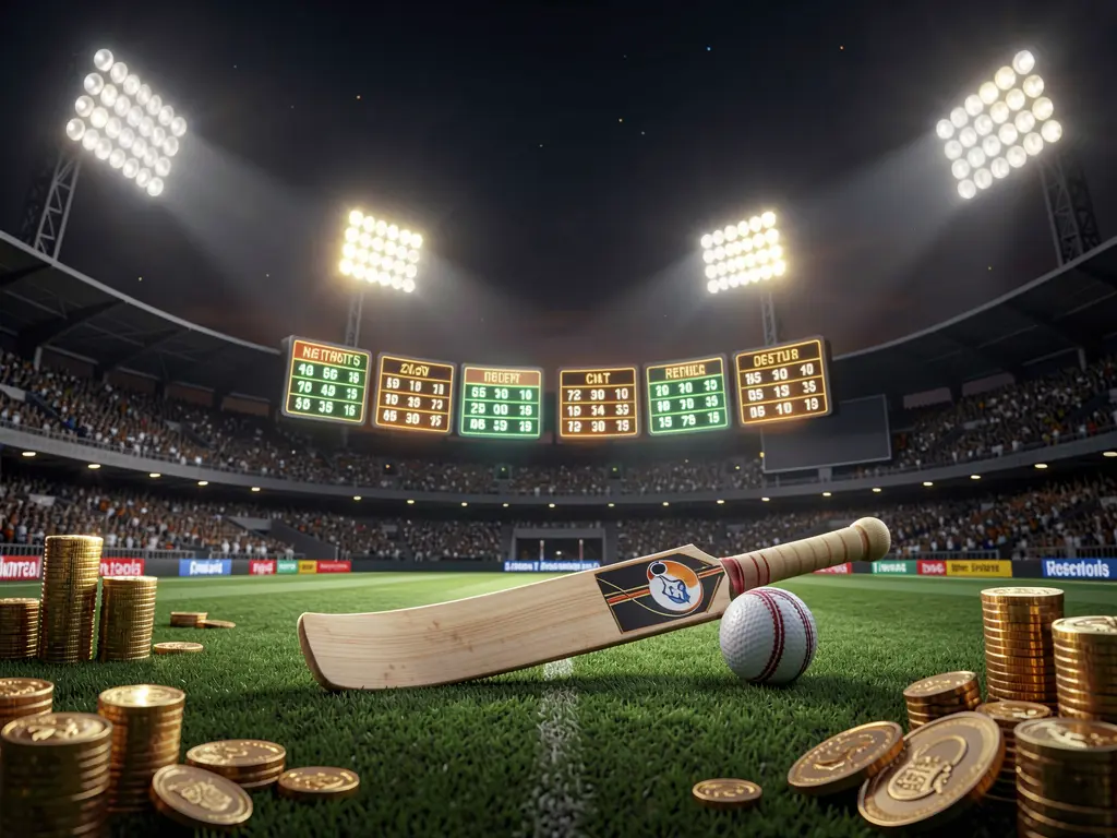 GO4444 cricket betting page hero banner featuring a cricket stadium at night with bright floodlights, a cricket bat and ball on a green pitch, glowing odds panels, golden coins, and a premium dark cinematic 3D atmosphere