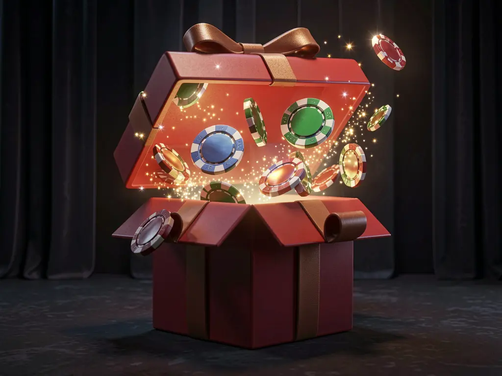 Realistic 3D render of a glowing gift box with free casino chips bursting out surrounded by magical sparkles on a dark premium background, representing GO4444 no deposit bonus
