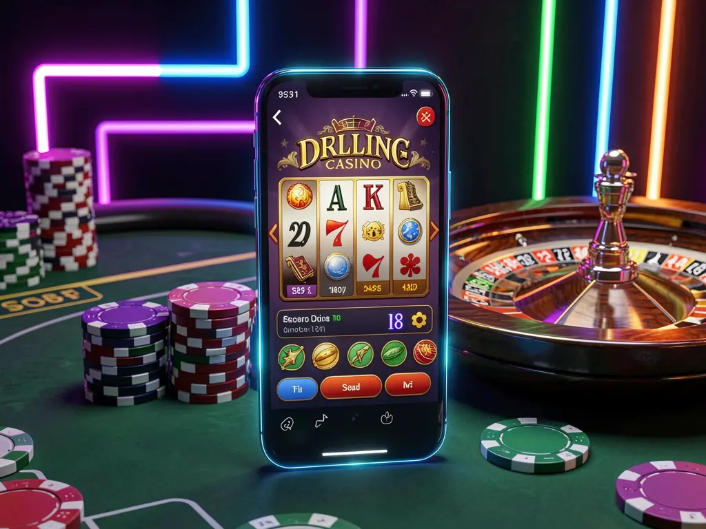 GO4444 online casino platform concept featuring a smartphone with a glowing casino interface, surrounded by a roulette wheel and poker chips against a premium neon background