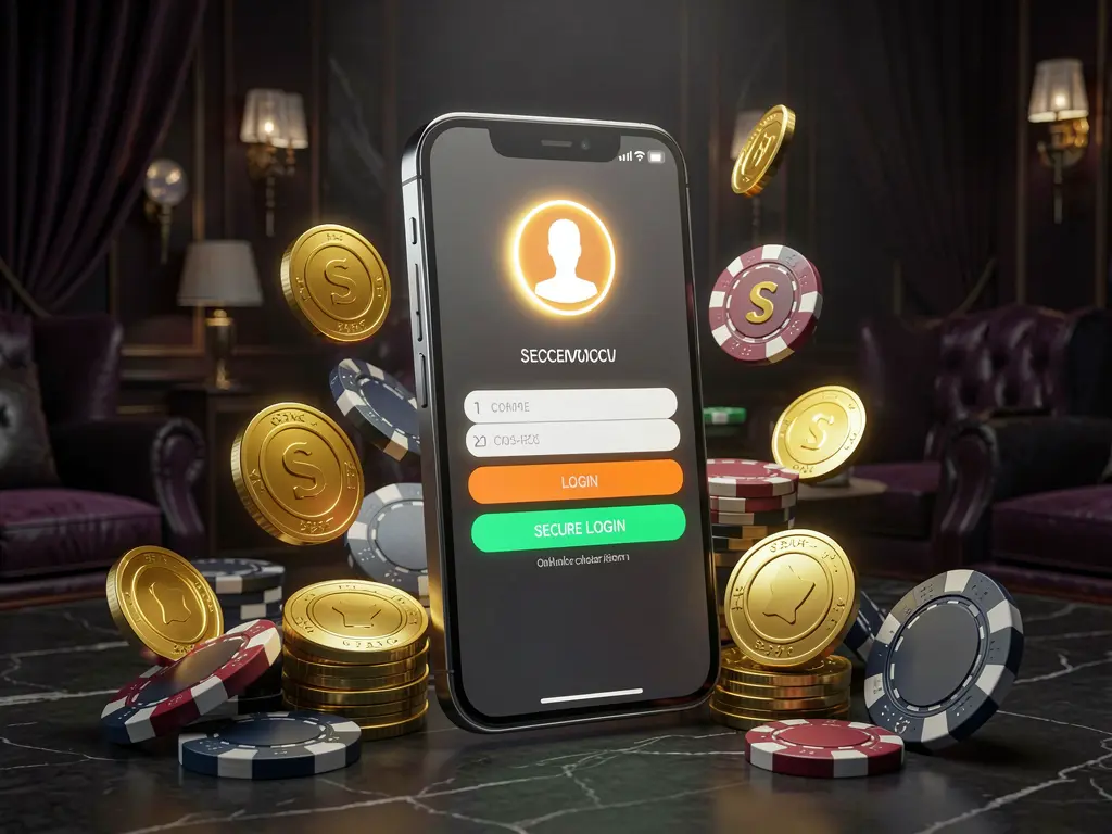 GO4444 online casino login page hero banner featuring a modern smartphone with a secure login screen, glowing user profile icon, golden coins and poker chips on a dark luxury background in a premium 3D render