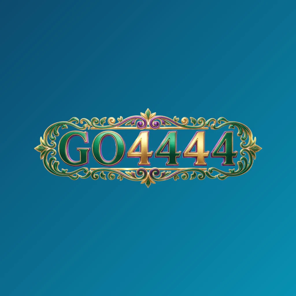 Luxury colorful GO4444 logo with bold serif typography in rich emerald, violet, and gold palette featuring elegant glowing ornaments on a transparent background, designed as a horizontal rectangular wordmark logo for a premium brand identity